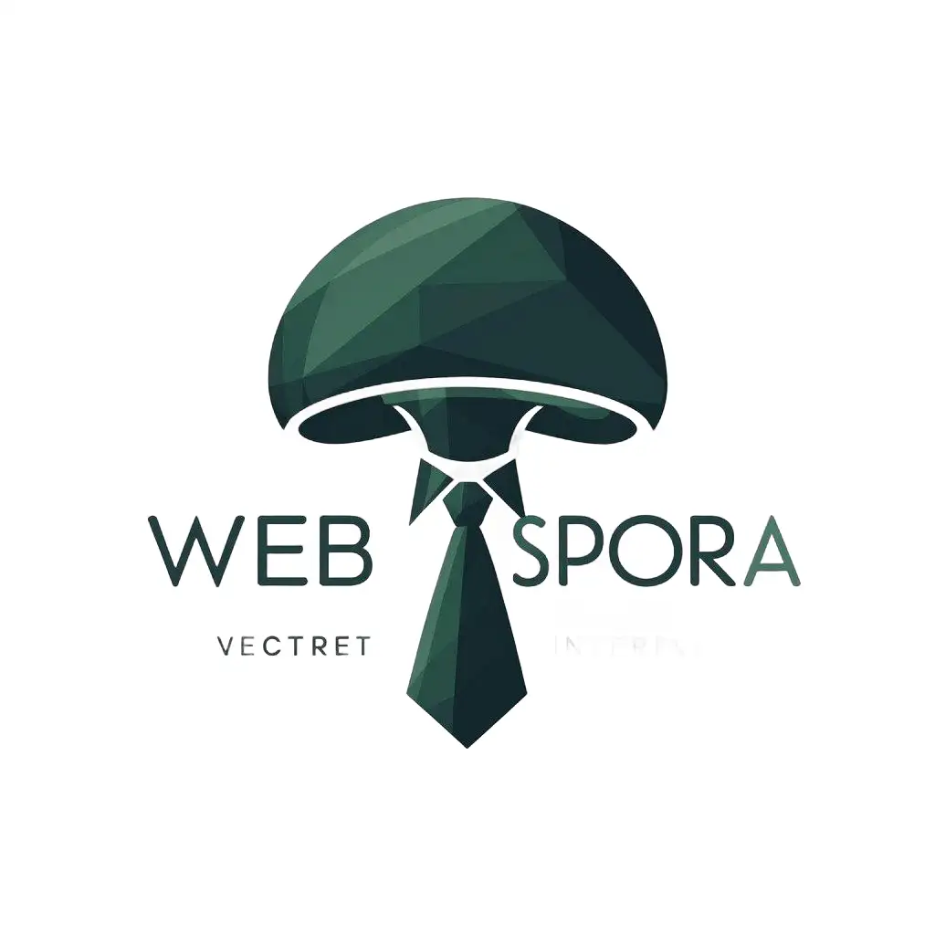 a vector logo design,with the text "WEB Spora", main symbol:A mushroom of dark green color, the cap is shaped like a half-moon, the leg is styled as a men's tie. Flat image, minimalism, absolute symmetry, business style, elements of polygonal graphics.,Minimalistic,be used in Internet industry,clear background