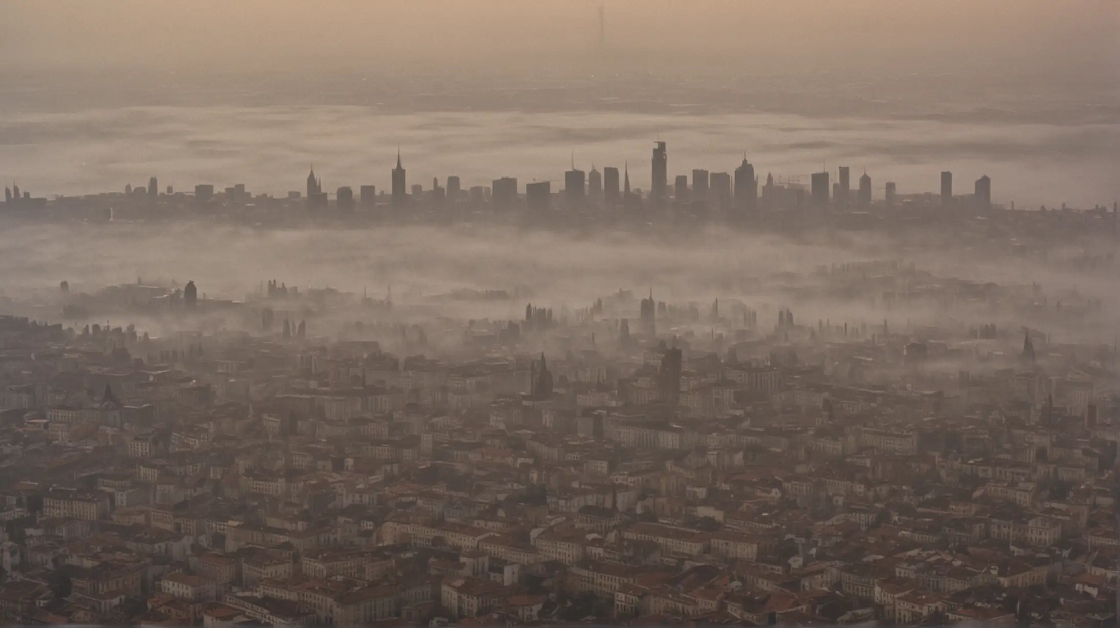 Milan Aerial View at Dawn in 70s Style with Fog