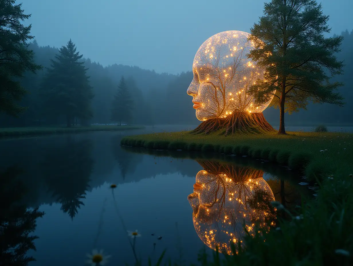 Face transforms into building with glass glowing balls and roots Lighting up a meadow with lake