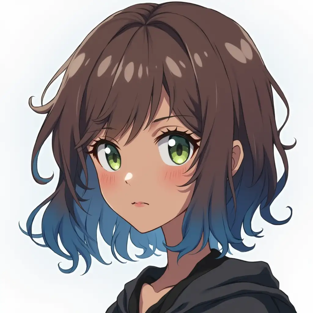 Brown midlength hair with cobalt blue dyed ambre, light pale green eyes, darker skin, 16 year old enby, androgynous, anime art  style