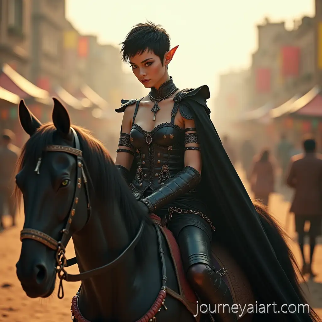 Elven-Warrior-Woman-Riding-Majestic-Horse-inElven-warrior-in-market-Colorful-Indian-Market