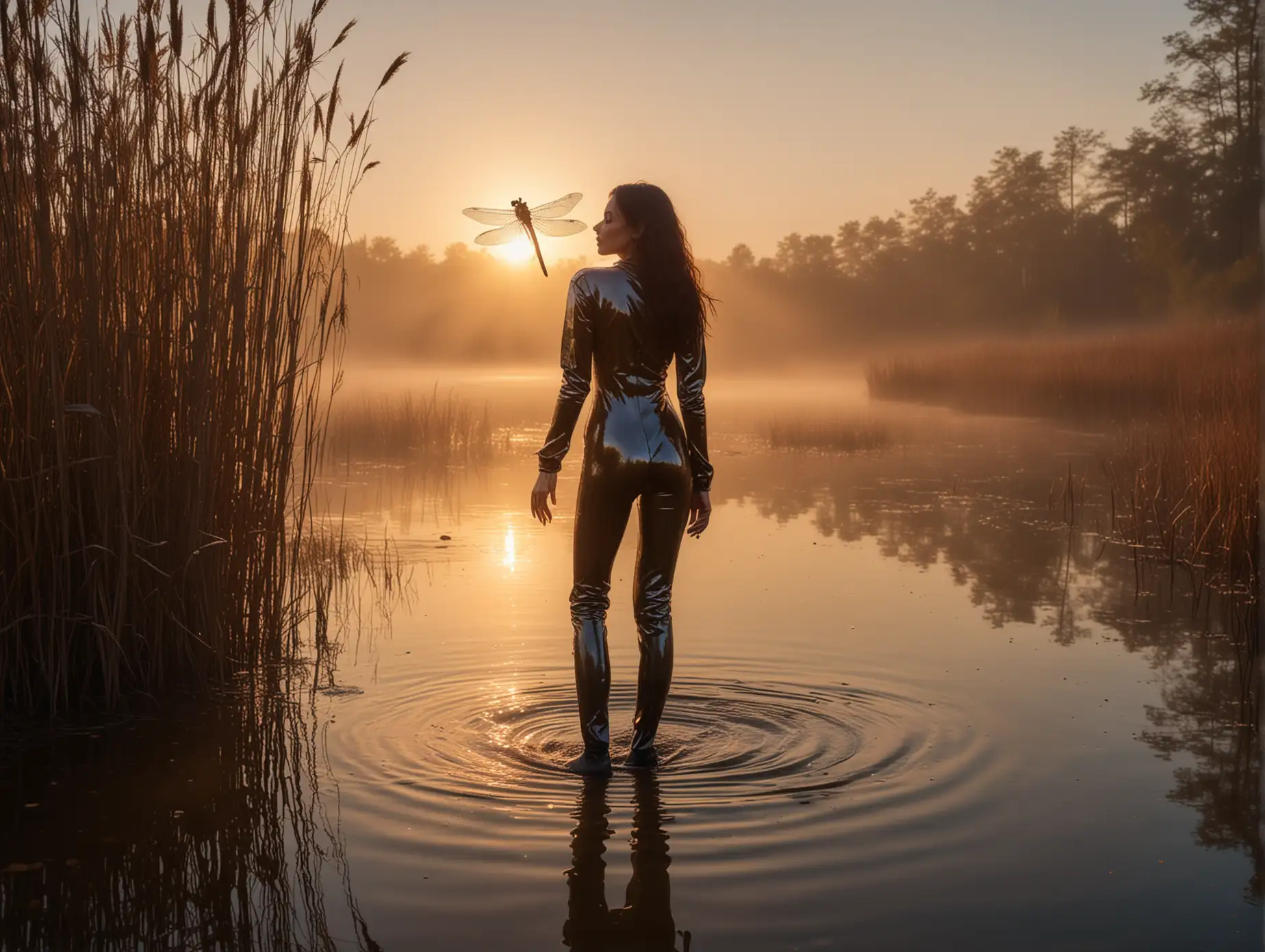 A stunningly beautiful girl in a shiny latex catsuit watching the sunrise from the bank of a misty, reed-filled lake, standing knee deep in the water, stretching her hand towards the sun, with a single dragonfly above her head