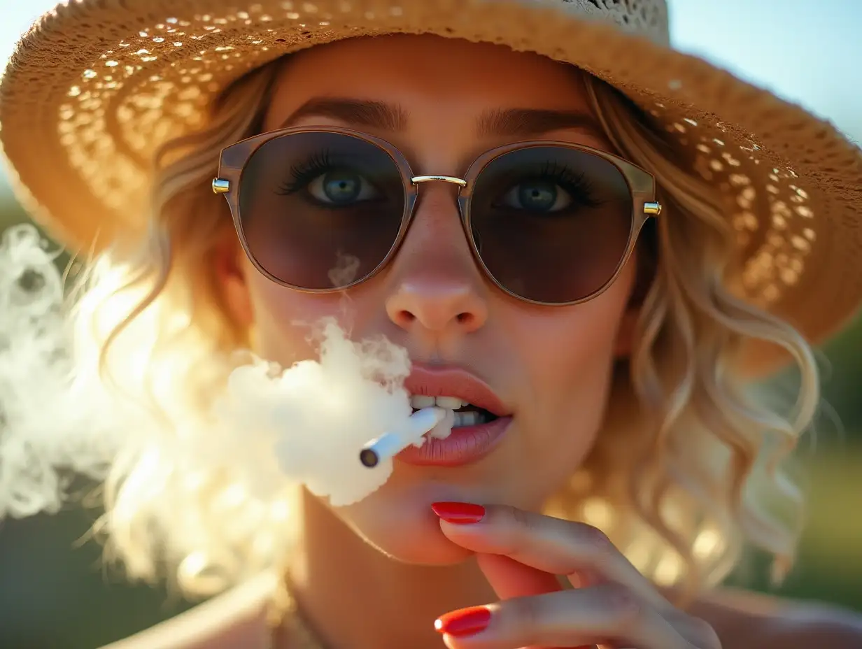 Face portrait of a voluptuous and flirtatious 30 years old blue-eyed, blonde Russian woman, with short curly blonde hair, smoking a cigarette, holding a cigarette in her mouth, and billowing a massive cloud of smoke through her mouth against a morning day light. She wears sunglasses and a straw hat. She has a luxurious smile. Picture taken from a very close distance. She has red nail polish. 35mm, portrait, highly photo realistic.