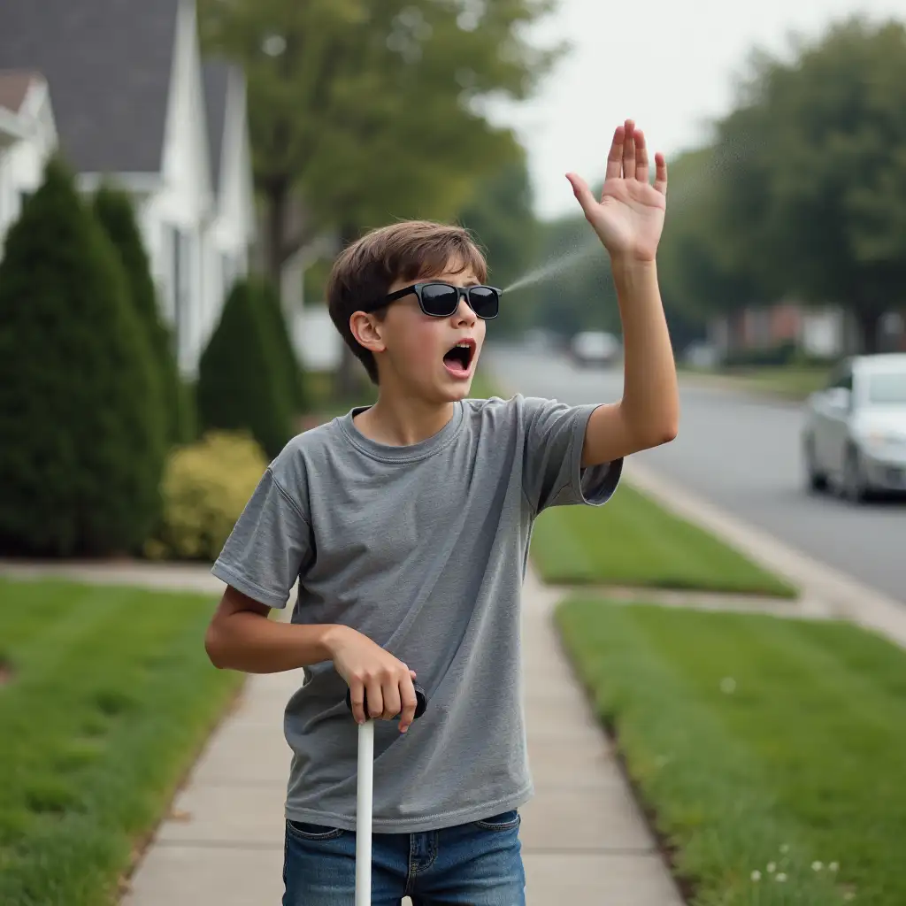 hyper-realism photo On a sidewalk in a suburban American neighborhood, a blind teenage boy (around 16 years old) wearing dark sunglasses and holding a white cane flinches in fear. He raises one hand defensively, trying to shield his face from an aggressive spray. His body language shows distress, with his face turned away and mouth open in shock. The background features neatly trimmed lawns and houses, emphasizing the calm surroundings against the dramatic moment.