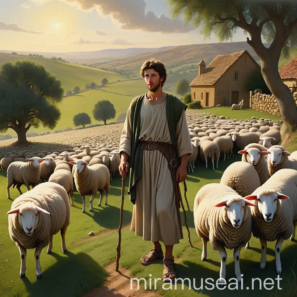 Divine Anointing of David Young Shepherd Boy and Prophet Samuel in Golden Countryside