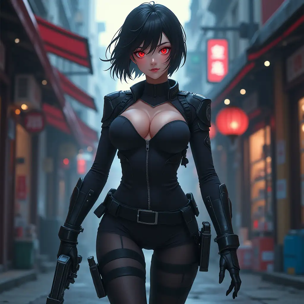 Short hair, mature Asian woman thief cyber runner in a dynamic full-length pose, eyes with red electronic pupils, large breast, extreme skintight body glove zipped down with cleavage, combat boots and combat belt. Full view of her body from boots up, low wide angle. Future store filled city alley street. Anime