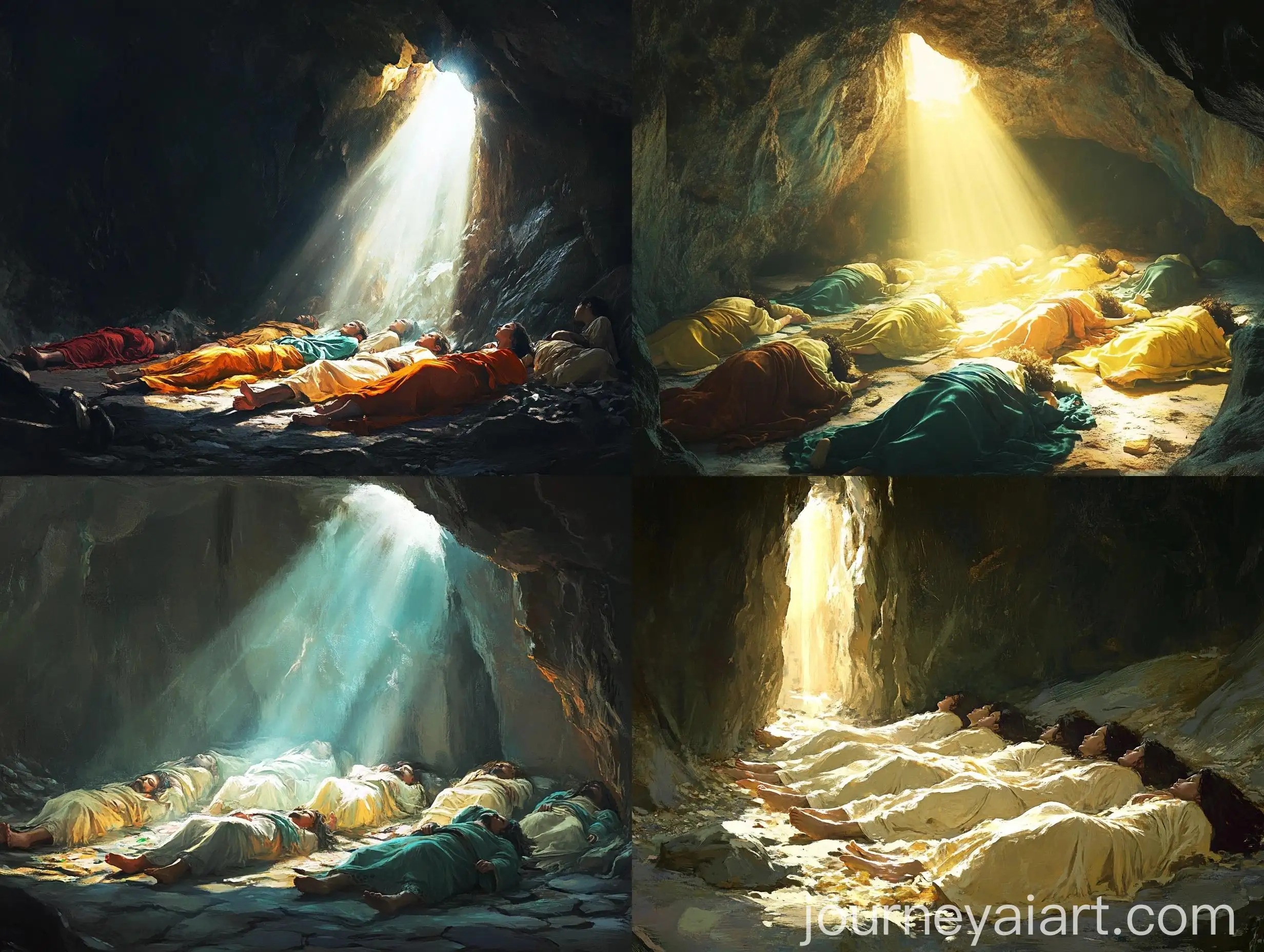 Seven-Sleepers-Resting-in-Illuminated-Cave-Interior