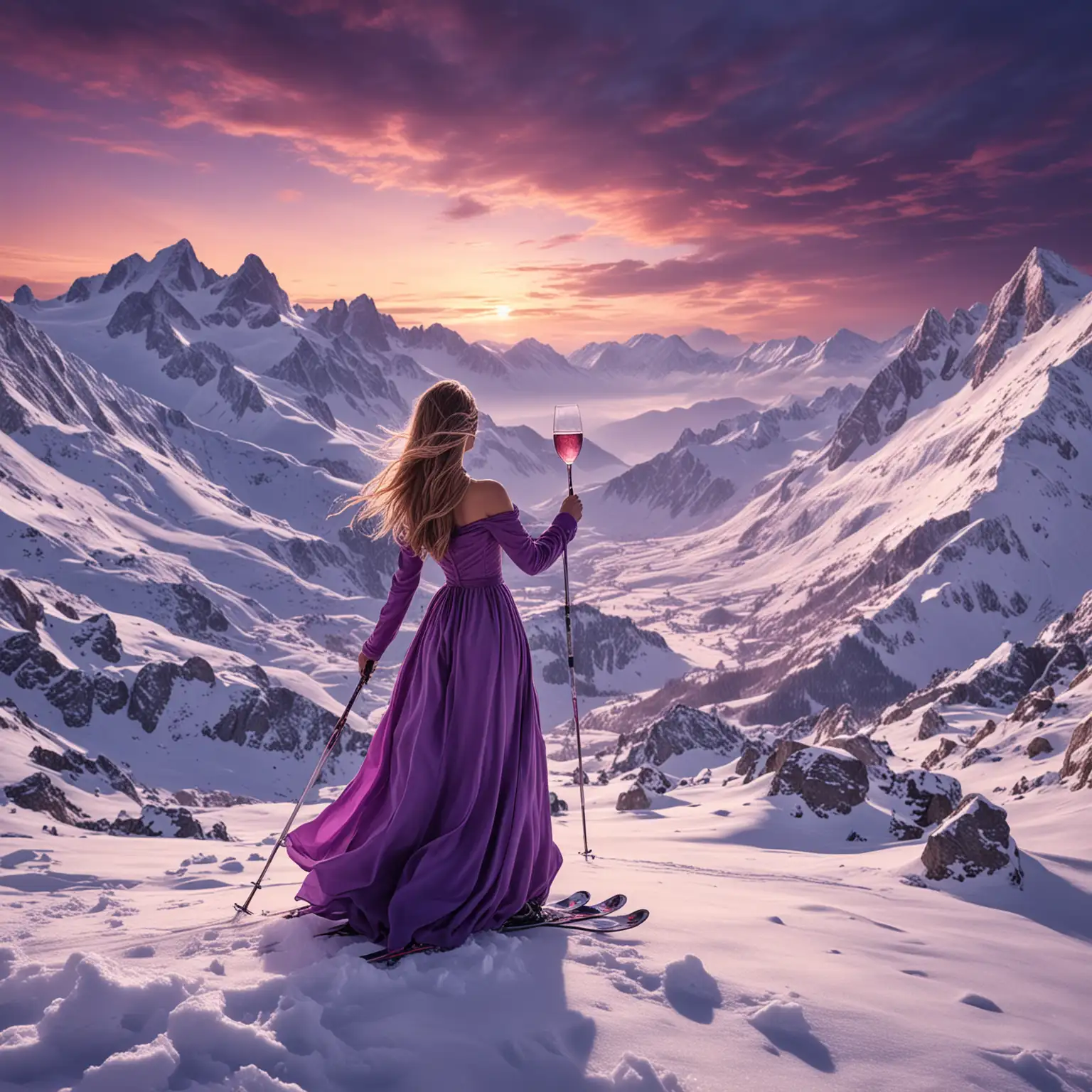 Surreal-Skier-in-a-Purple-Dress-Descending-the-Alps-at-Dawn