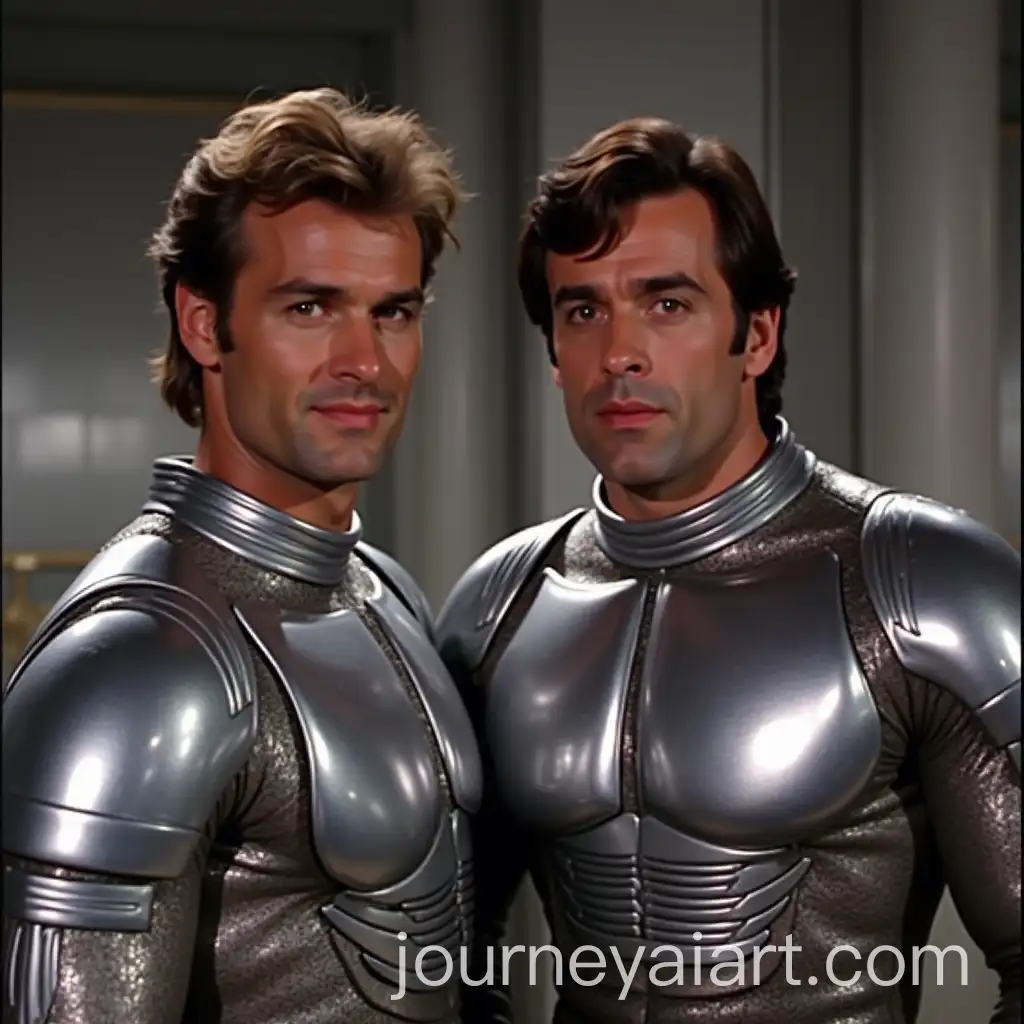 Two-Handsome-Men-in-1980s-SciFi-Movie-with-Chrome-Robot-Costume