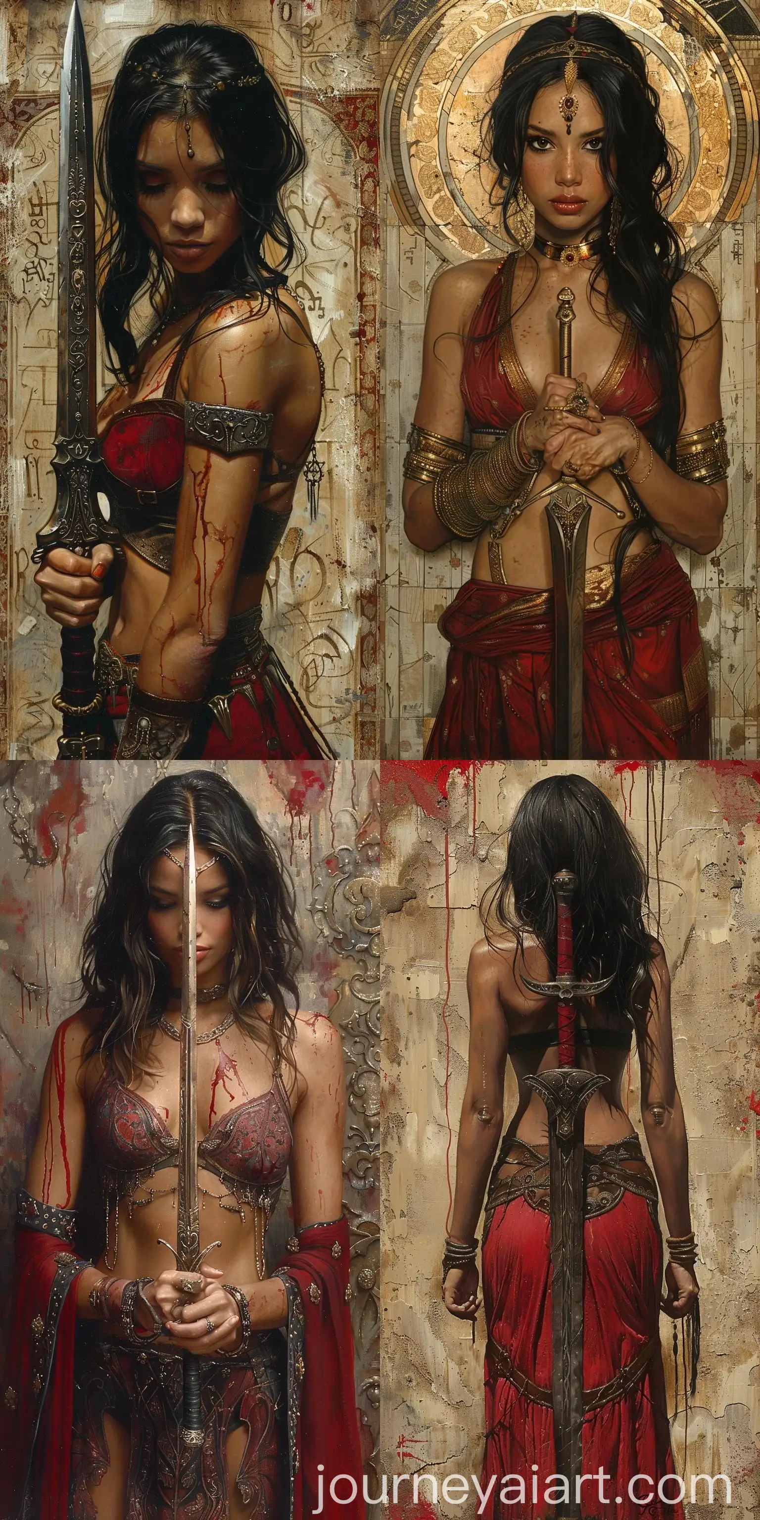 Artistic-Painting-of-a-Woman-with-a-Sword-in-the-Style-of-David-Mann-and-Dau-al-Set