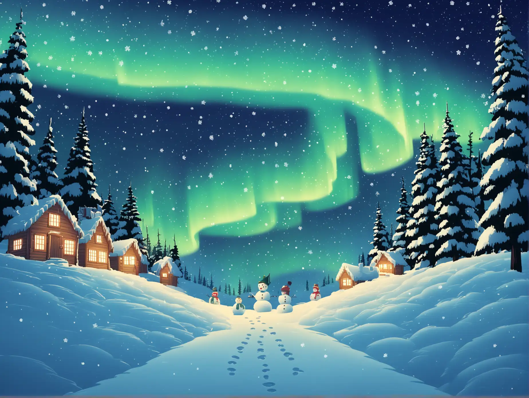 Whimsical-Winter-Night-in-Lapland-with-Northern-Lights-and-Cozy-Cottages