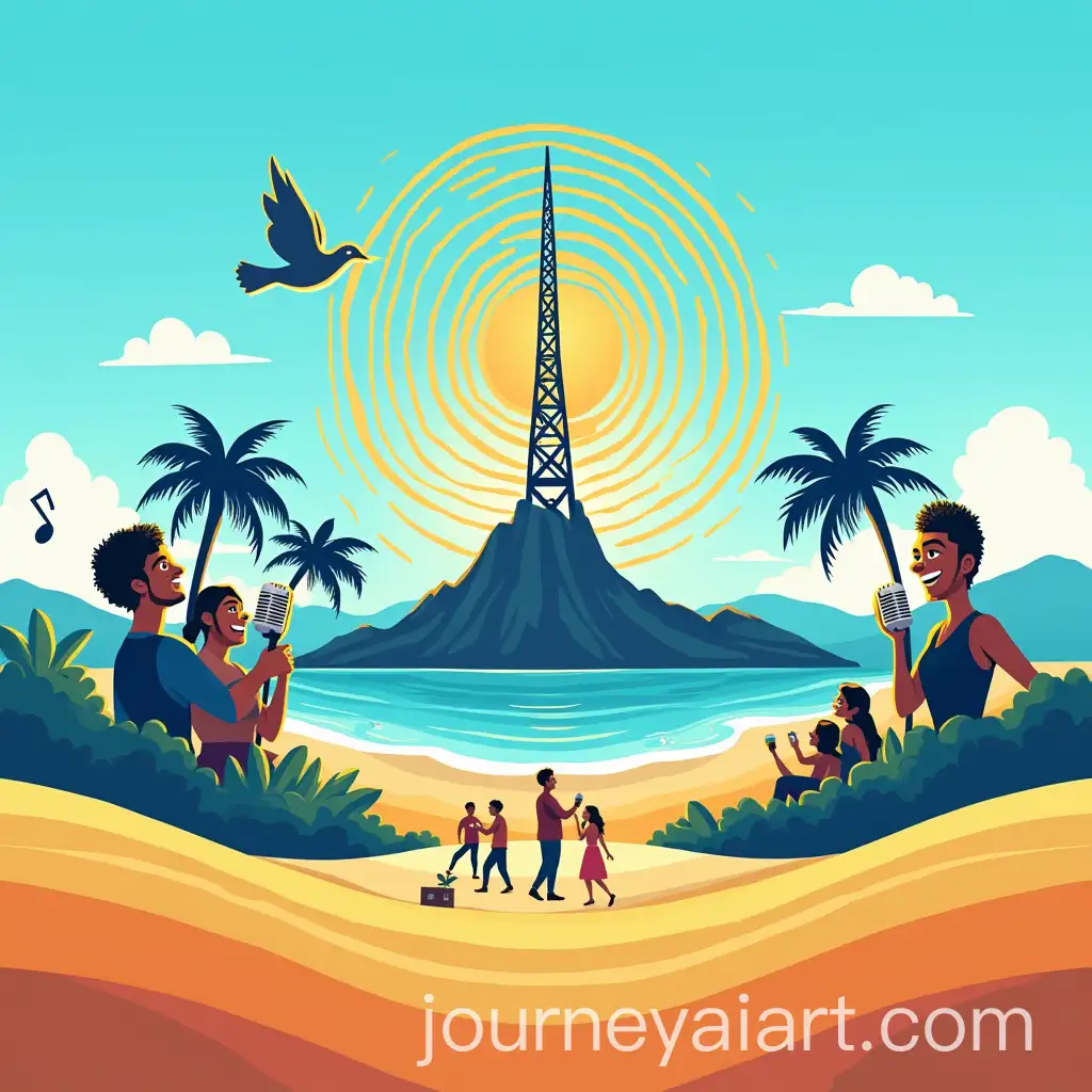 Radio-Freedom-Poster-Featuring-Tropical-Landscape-Iconic-Figures-and-Cultural-Diversity