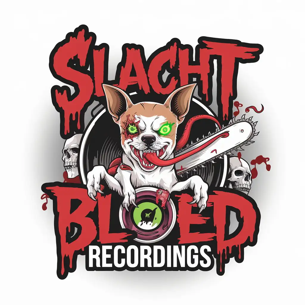 LOGO Design for Slacht Bloed Recordings Aggressive Chihuahua Chainsaw and Blood with Cyberpunk Elements