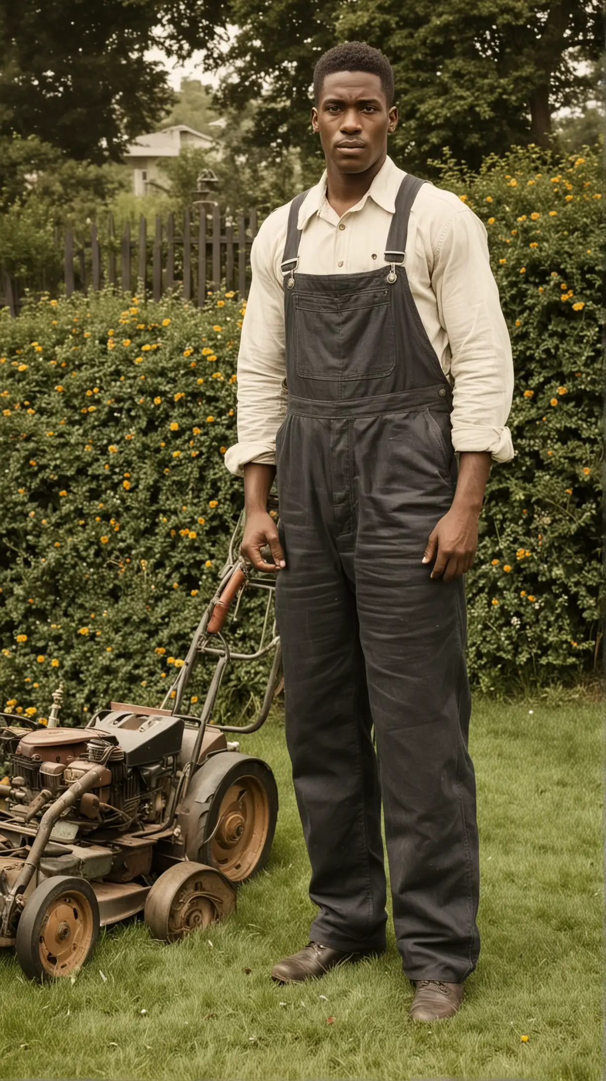 Handsome Black Man in 1900s Overalls Standing with Lawn Mower on Grass