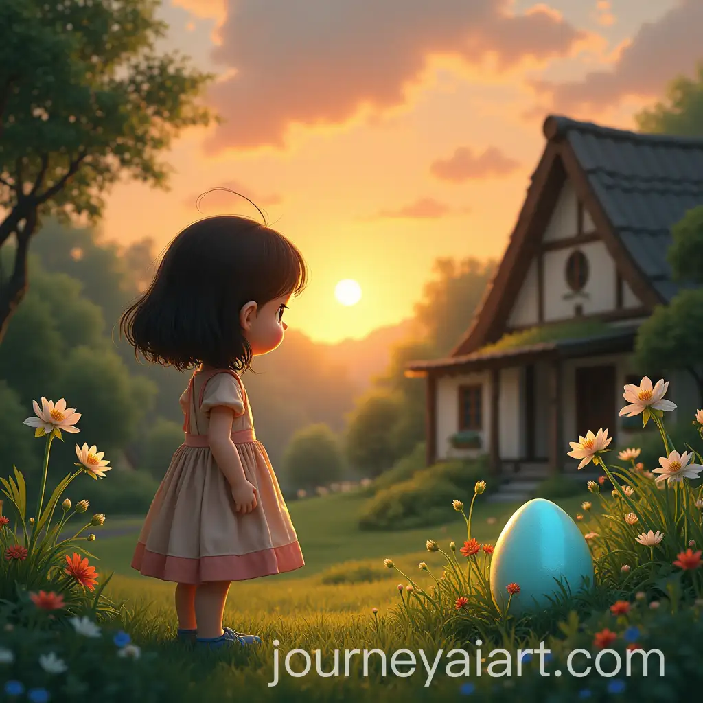Little-Girl-Discovering-Blue-Egg-in-Lush-Garden-at-Sunset