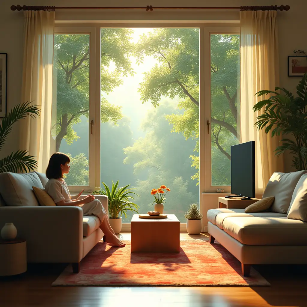 A brightly lit living room with a large floor-to-ceiling window, lots of trees outside, a very nice wooden floor, a large couch and a TV, with a girl watching TV on the couch