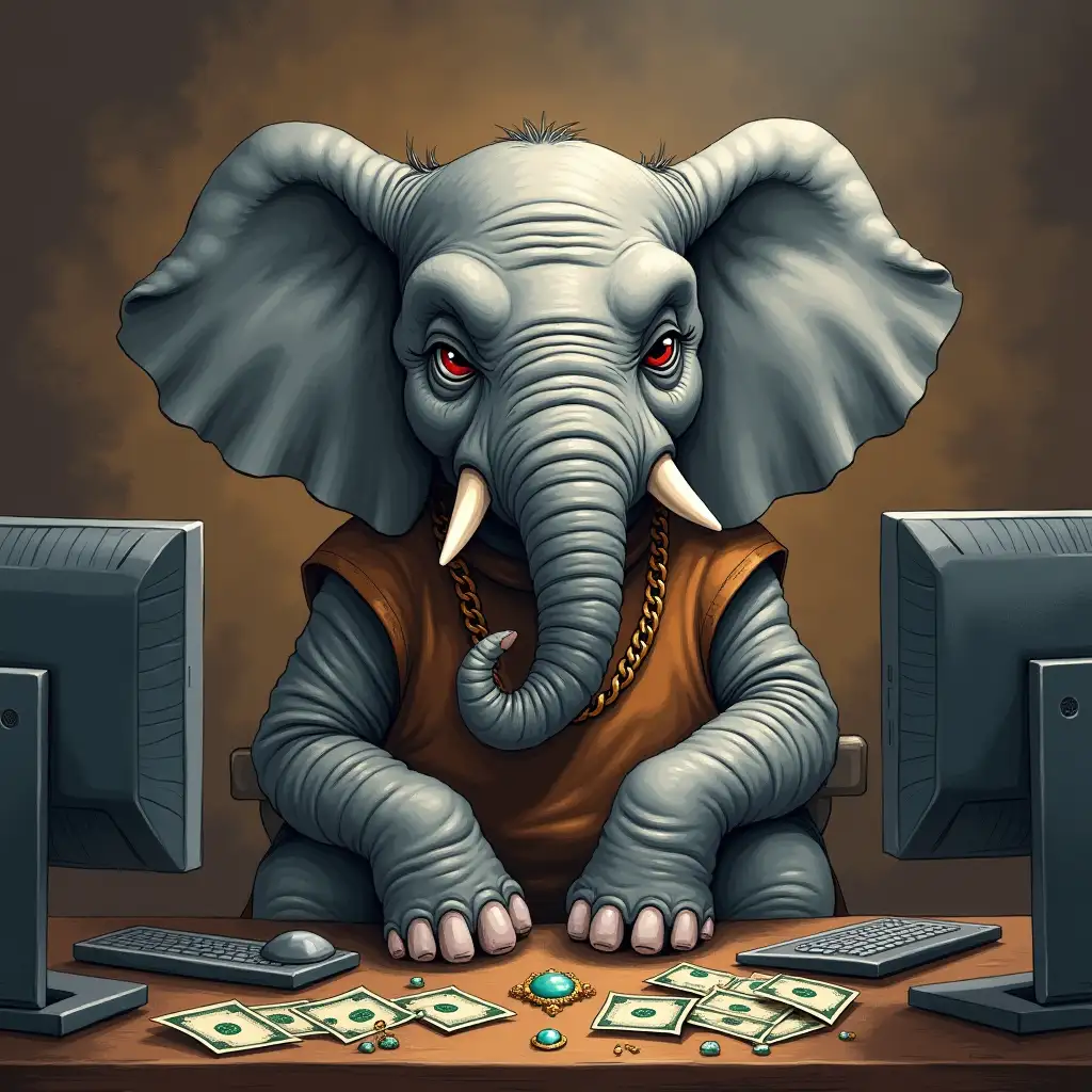 Evil-Smiling-Elephant-Surrounded-by-Computers-Money-and-Jewelry