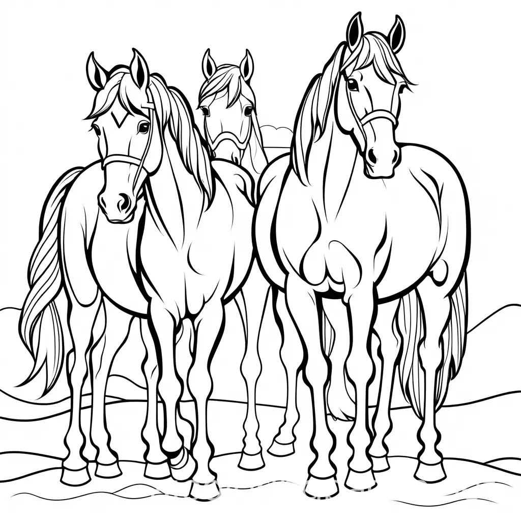 horses, Coloring Page, black and white, line art, white background, Simplicity, Ample White Space. The background of the coloring page is plain white to make it easy for young children to color within the lines. The outlines of all the subjects are easy to distinguish, making it simple for kids to color without too much difficulty