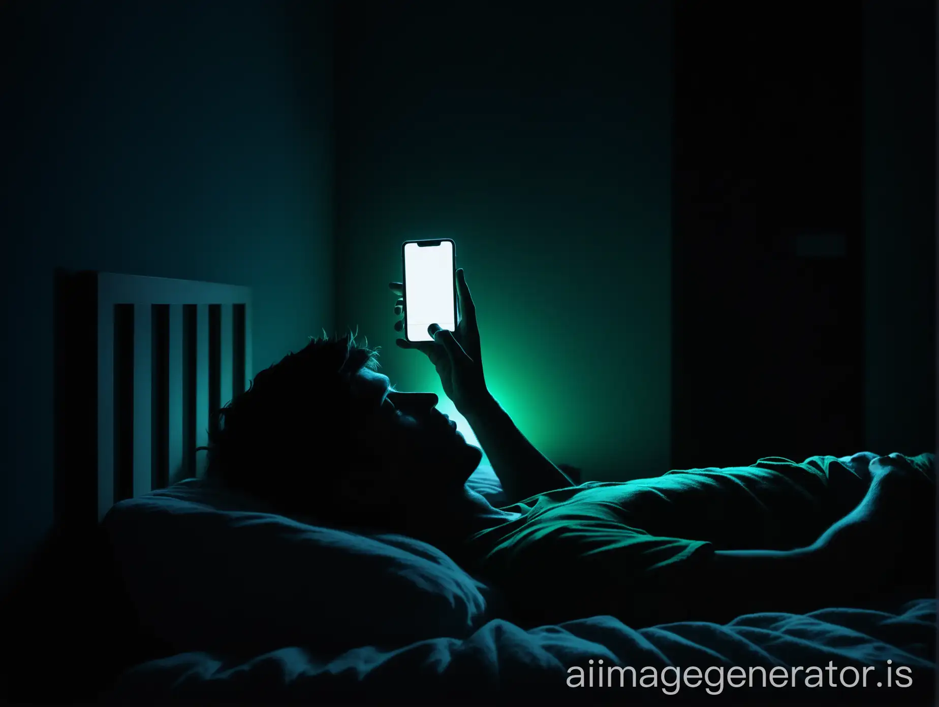 Young-Man-Relaxing-in-Dark-Room-Illuminated-by-iPhone-Light