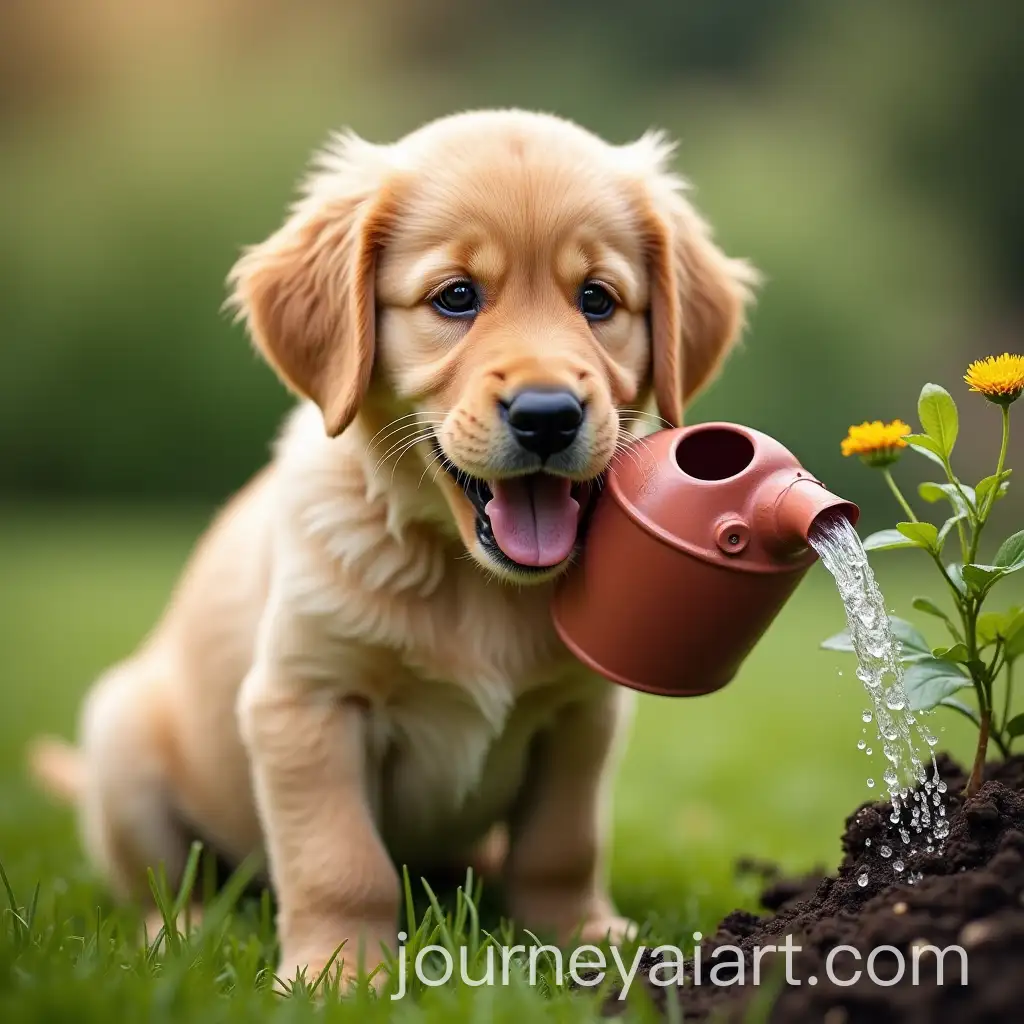Golden-Retriever-Puppy-Watering-Plant-in-Garden