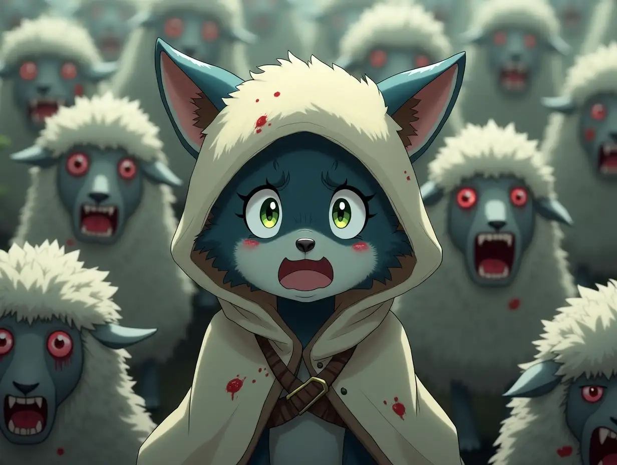 A frightened, cute green-eyed wolf with an expression of fear on its face. Wearing a clean cloak with a hood that looks like a sheepskin, covered in wool. Around him is a crowd of terrifying zombie-sheep, the sheep have bloody sharp fangs, glassy red eyes, dirty skins in wounds. The wolf does not stand out from the crowd. Style is anime.