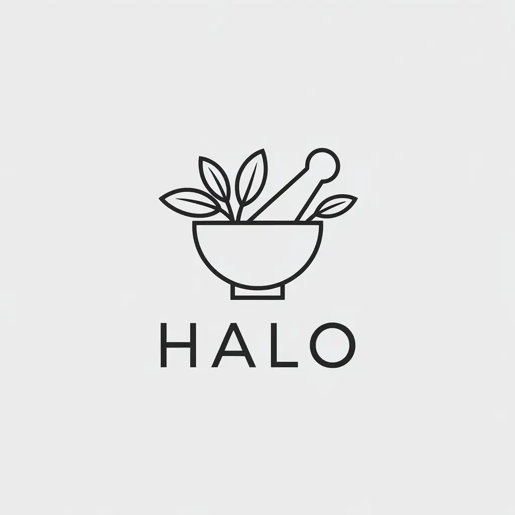 LOGO Design for Halo Pestle and Mortar with Leaves in Minimalistic Style for Restaurant Industry