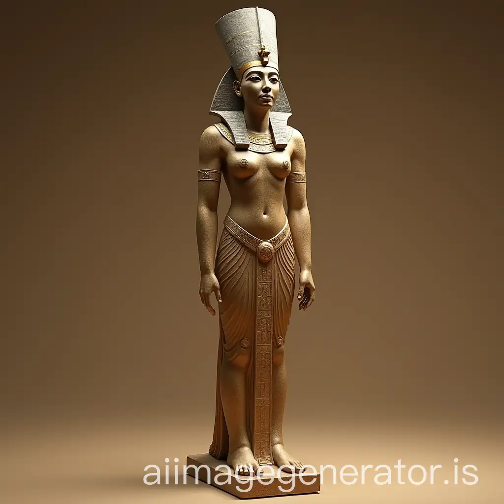 Generate a hyper-realistic image of Queen Hatshepsut from the images and statues available online