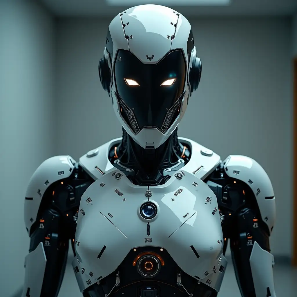 A futuristic humanoid robot viewed from a chest-level camera perspective, directly facing the viewer. The robot has sleek metallic plating, glowing circuits, and intricate mechanical details on its chest and head. Its eyes are illuminated with a piercing glow, giving it an intense and focused expression. The chest features a visible camera lens or sensor, emphasizing its surveillance capabilities. The background is minimalistic, with a soft, dimly lit atmosphere that highlights the robot's advanced and imposing design