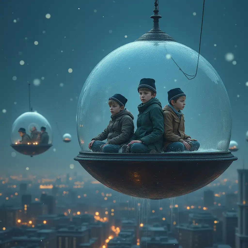 Ultradetailed hyperrealistic photo-realistic portrait 5 flying large glass shells with jewish boys inside playing and learning and looking down at the city Texture, surfaces and lighting, to give depth, dimension and a photo-realistic appearance. night winter sky clear lighter flurries