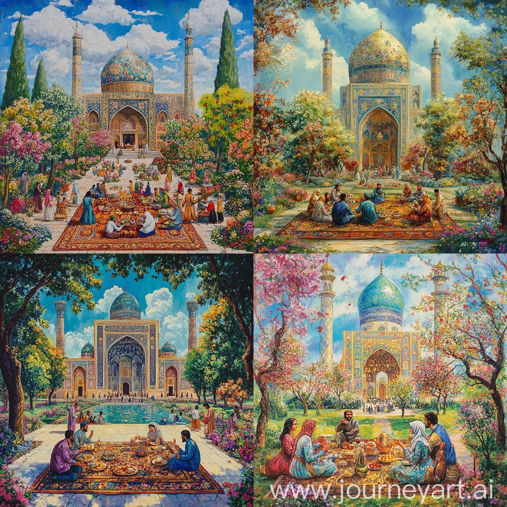 Garden-Feast-on-a-Persian-Carpet-with-Mosque-and-Sky