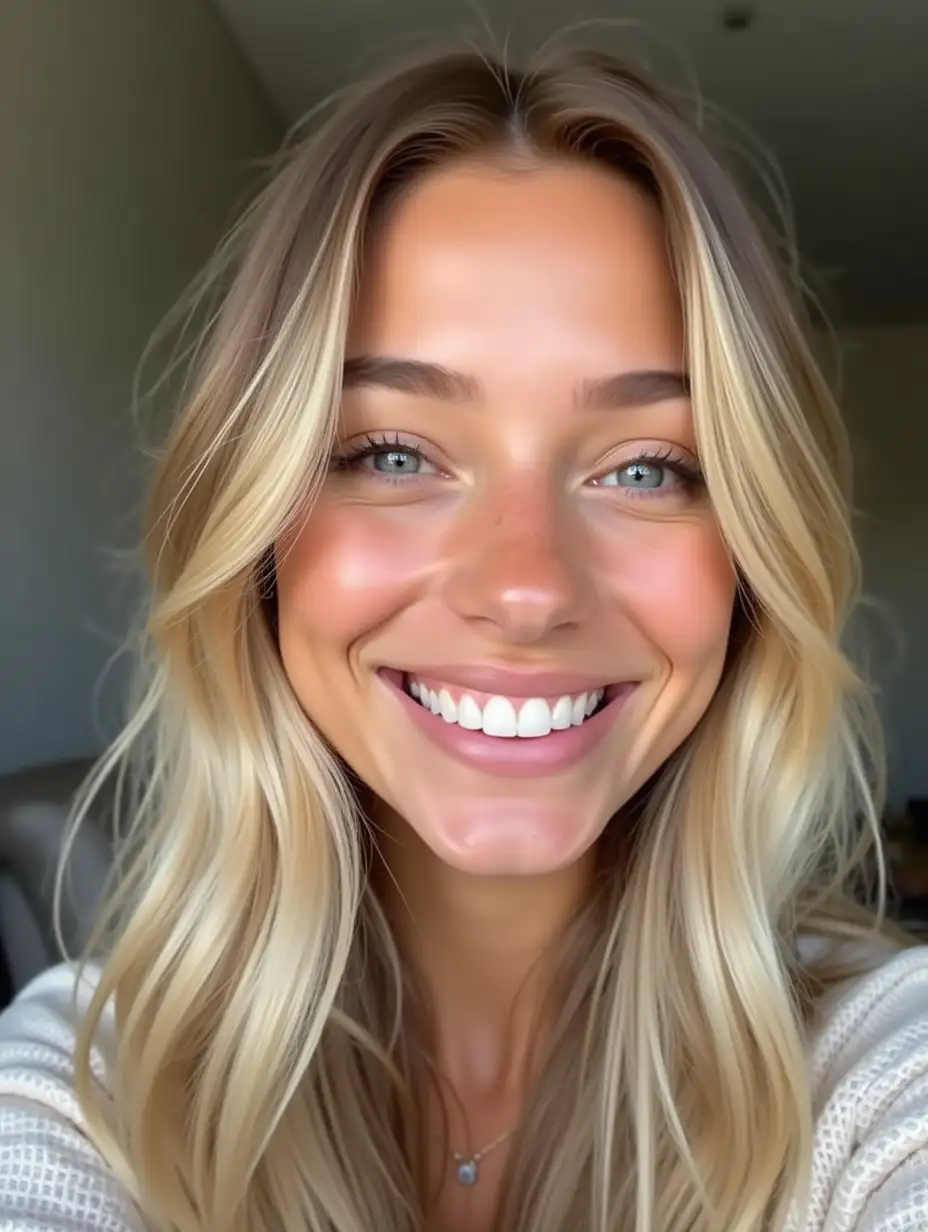 4k, best quality, masterpiece, most beautiful instagram model taking selfie, 18 years old, smiling, perfect white teeth, long thick blonde hair, blue eyes