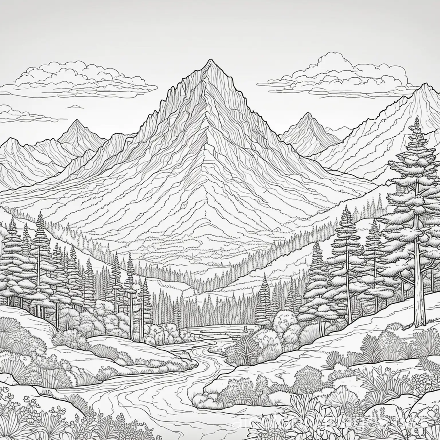 landscape with a mountain, coloring book, Coloring Page, black and white, line art, white background, Ample White background,, Coloring Page, black and white, line art, white background, Simplicity, Ample White Space. The background of the coloring page is plain white to make it easy for young children to color within the lines. The outlines of all the subjects are easy to distinguish, making it simple for kids to color without too much difficulty