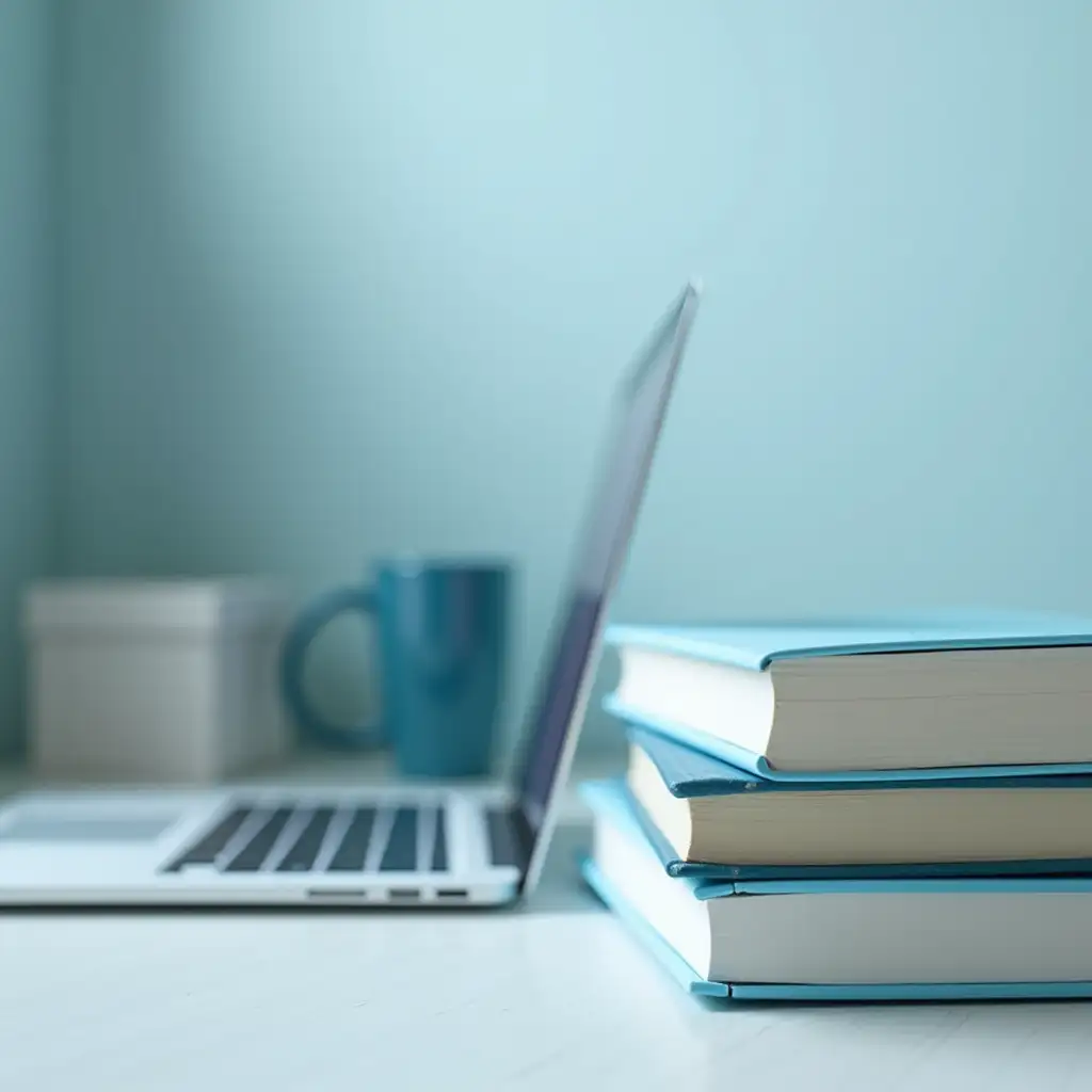 A office desk in close-up with a macbook, stack of books. Aesthetically and in light blue tones