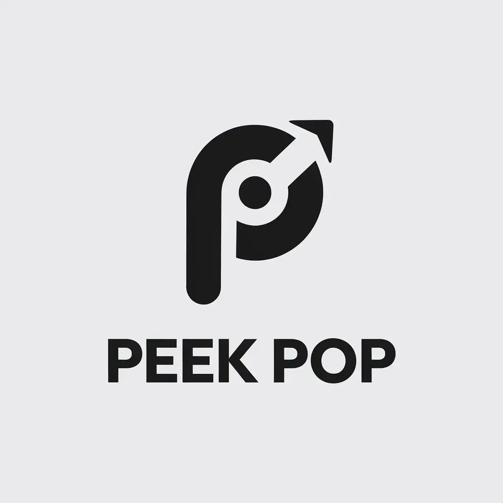 a vector logo design,with the text "peek pop", main symbol:An arrow-shaped balloon pointing to the top right corner and a capital P merged,Minimalistic,be used in Internet industry,clear background