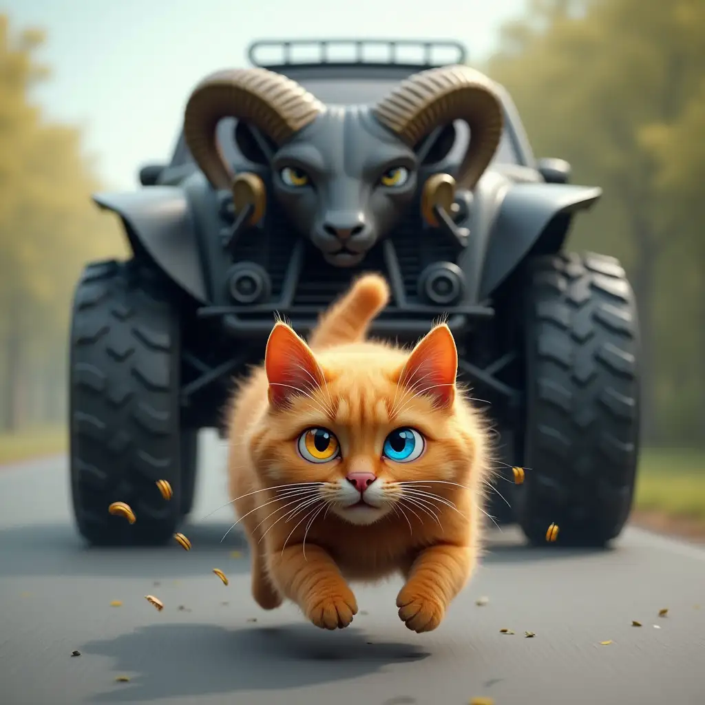 Huge black ram trx car, chasing a shaggy ginger cat, who runs in fear along the road, one eye of the cat blue, the other yellow, computer graphics