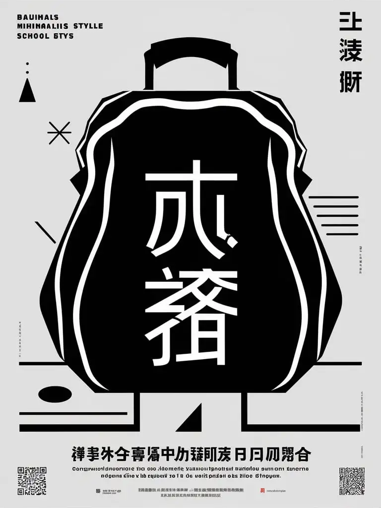 A minimalist black and white poster in the Bauhaus style. In the centre of the image is a large bulging school bag and the Chinese character "重", a distorted version of the Chinese character "重". The design of the schoolbag symbolises the enormous pressure on minors to study and emphasises the heavy burden it brings. The poster urges parents not to let studying become a stressful experience for their children, and to pay attention to their children's mental health. The design emphasises classic geometric shapes, simplicity, lines and abstract art styles. Key elements include the schoolbag, the distorted word "heavy", graphic design, classic Bauhaus style, and high-quality minimalist aesthetics.

