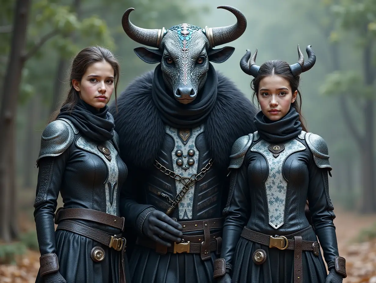 Ki-Fantasy family,Man,Woman, and Children, giant Ki-Fantasy family, Man, Woman, and Children, with horns and giant hummingbird face with and black- and white leather coat, cow pattern in 4kface with and with blue armor equipment