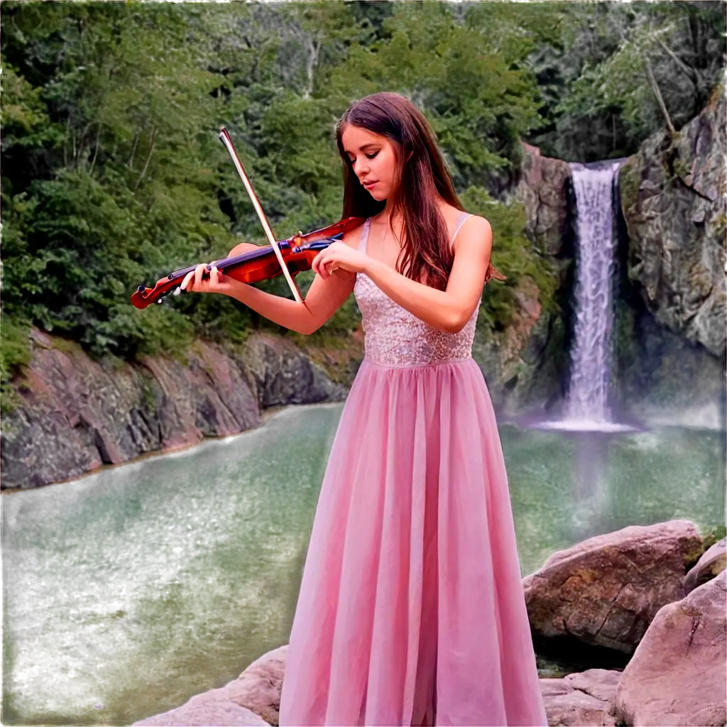 Girl-in-Formal-Dress-Playing-Violin-Near-Waterfall-PNG-Image-for-HighQuality-Visuals