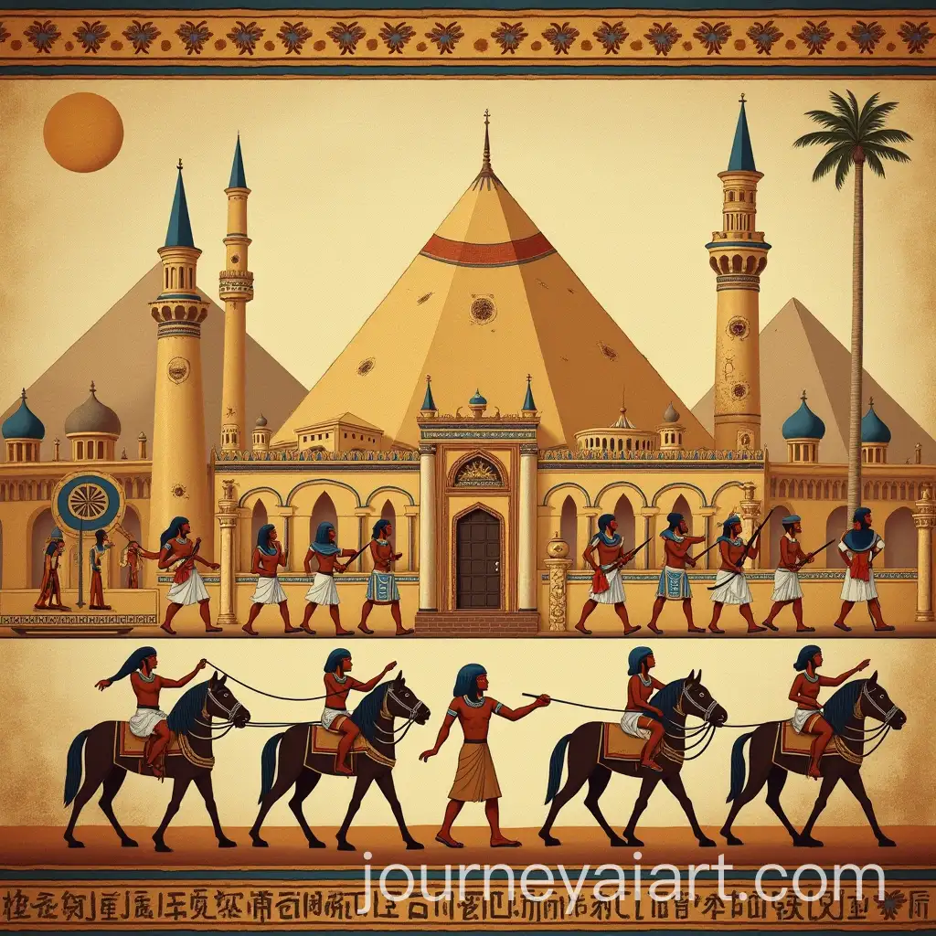 Ancient-Egyptian-Mural-with-Chariots-and-Islamic-Architecture