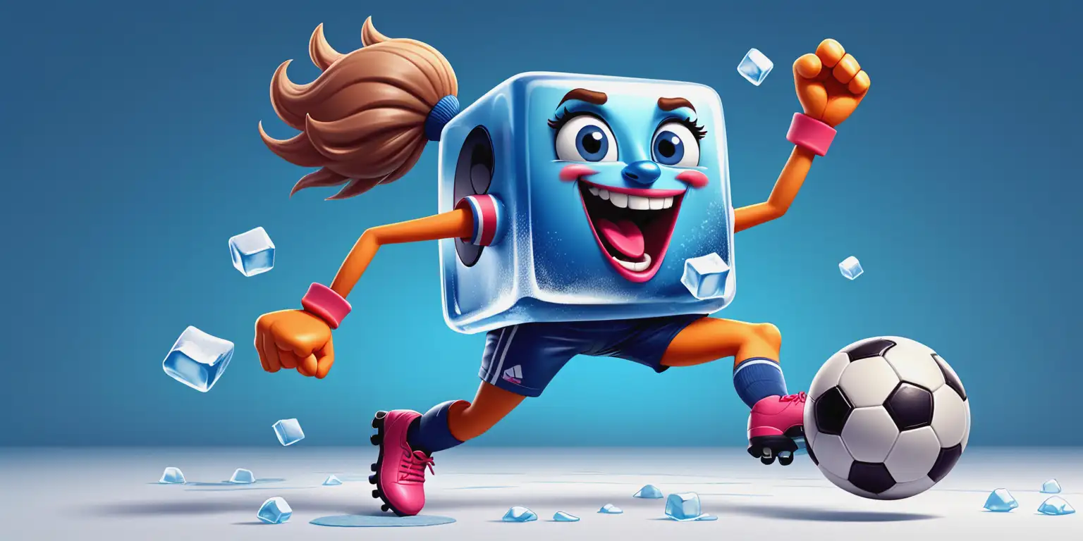 Cartoon Female Ice Breaker Gum Mascot Kicking Soccer Ball