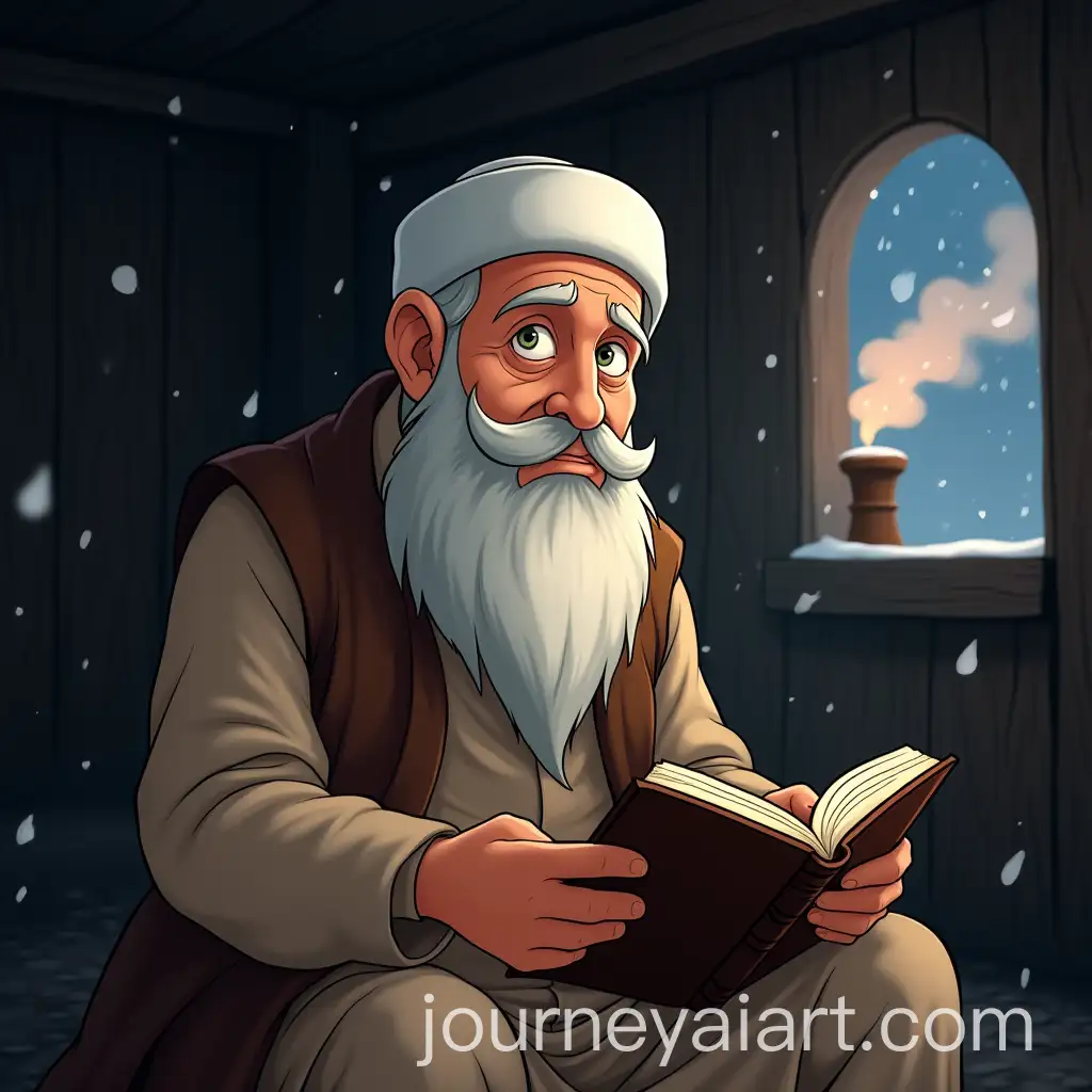 Wintery-Scene-of-a-Dignified-Muslim-Sheikh-Reading-the-Quran-in-His-Hut