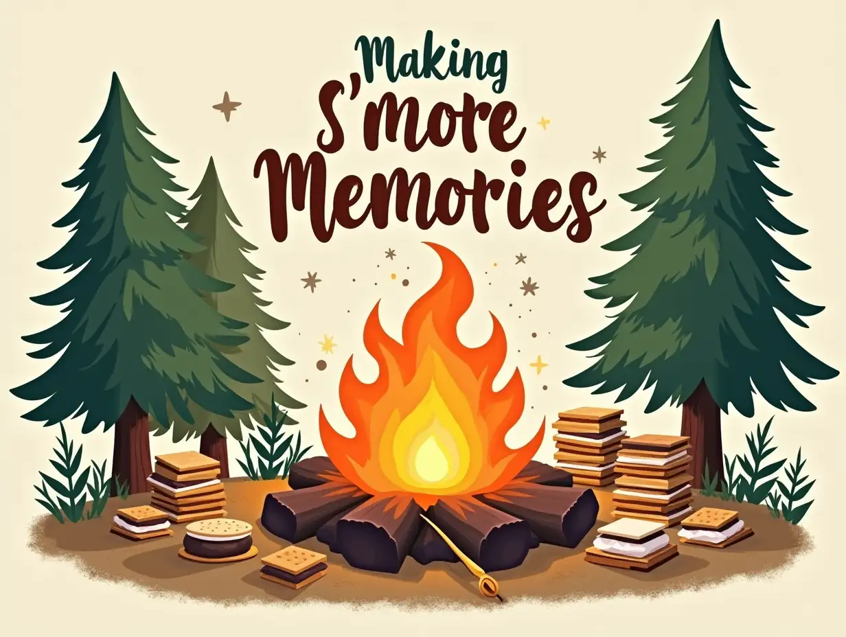 grunge-style. A cozy camping scene featuring a brightly colored campfire at the center, surrounded by stacks of s'mores. The flames flicker with shades of orange and yellow, casting a warm glow. In the background, tall evergreen trees frame the scene, their lush green needles contrasting against a soft, muted beige canvas. The text 'Making s'more Memories' is artistically integrated into the design, using a playful and whimsical font. Various elements like a roasting stick, a wooden log pile, and multiple s'mores are placed around the campfire, enhancing the nostalgic feel of a perfect outdoor gathering. The overall aesthetic is illustrated in a vibrant, cartoon-like style, evoking a sense of warmth and fun.