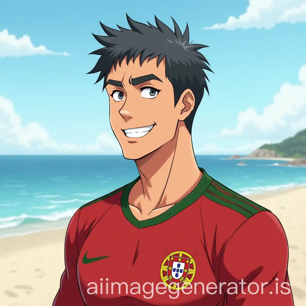 a man in anime style with black and grey hair, thick eyebrows and the jersey of Portugal and he should smile at the beach