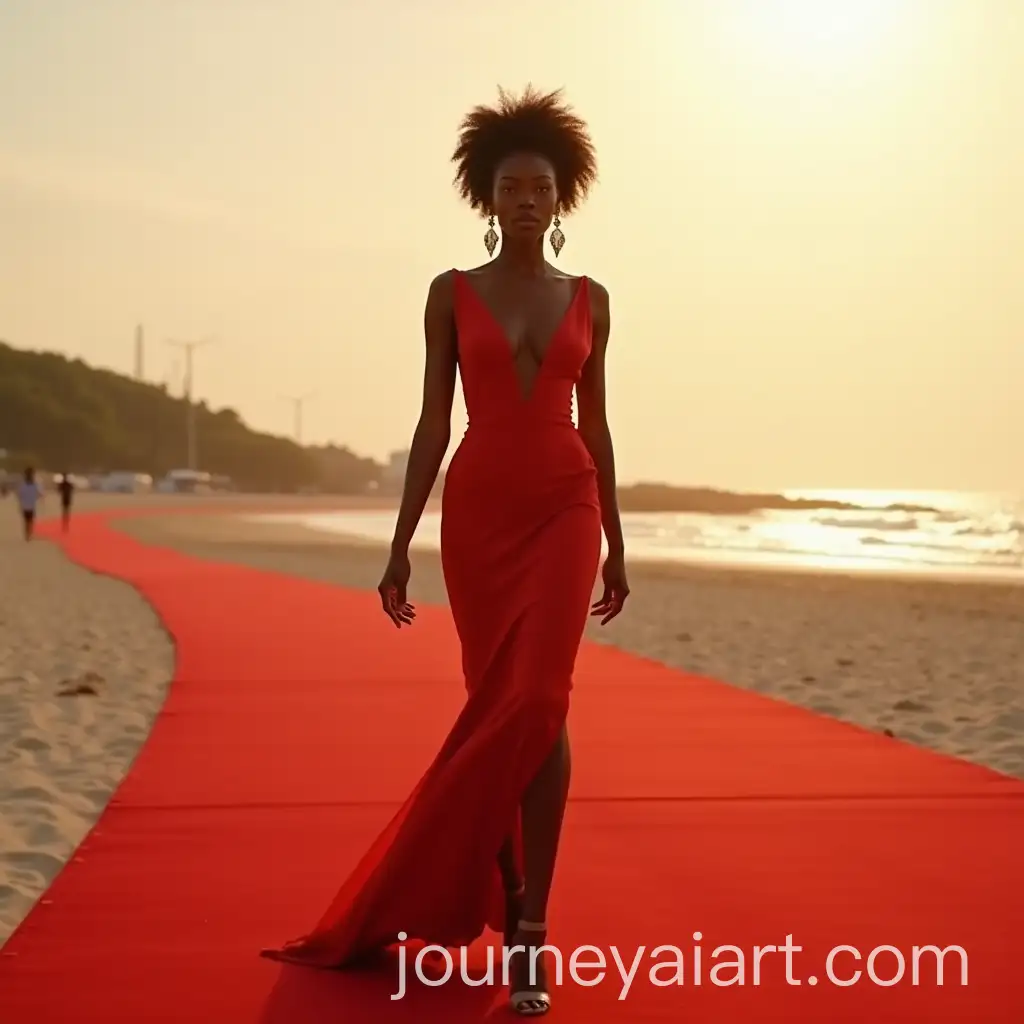 Confident-African-Woman-in-Elegant-Dress-Walking-on-Red-Carpet-at-Sunset-by-the-Beach