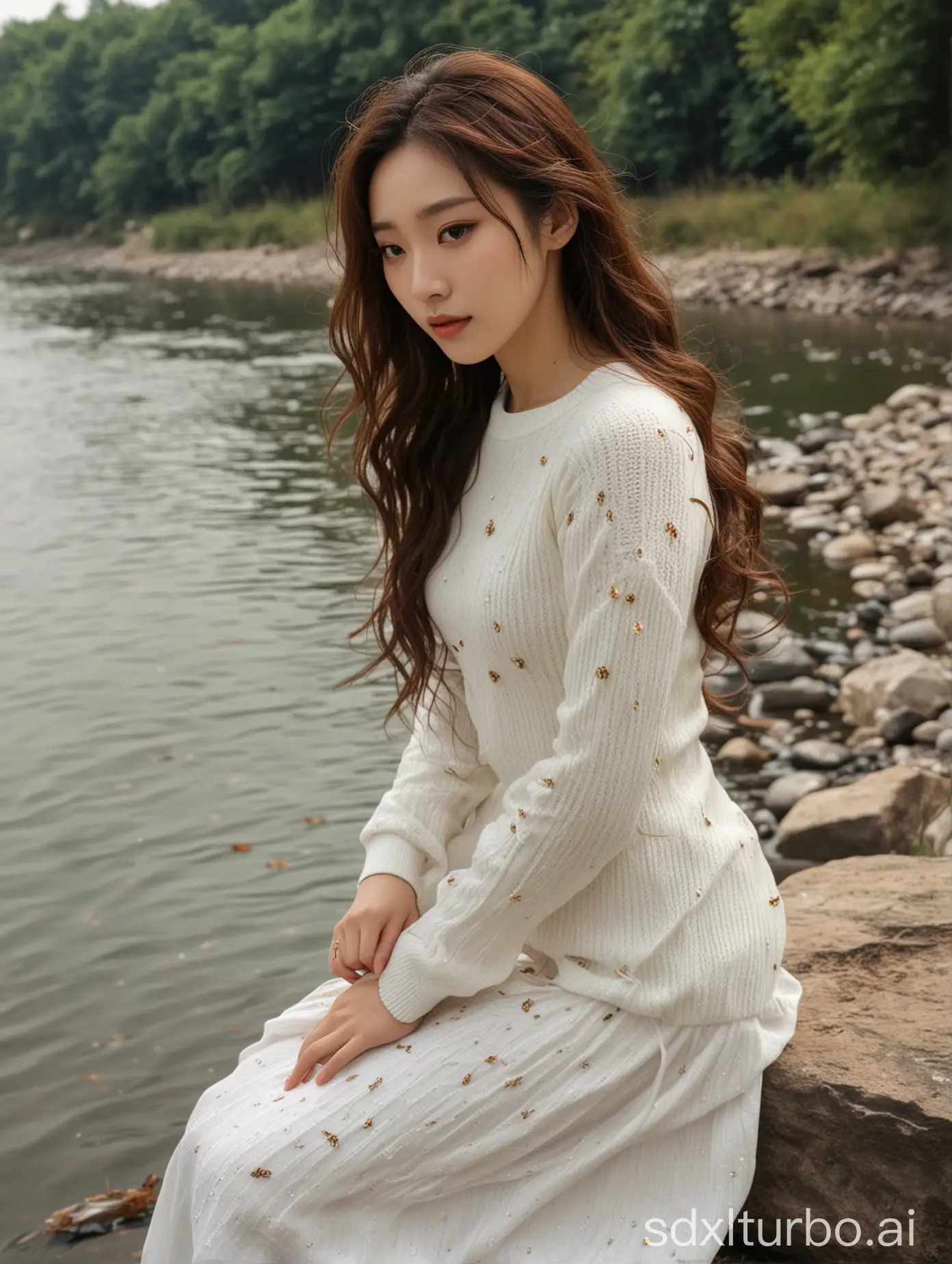 Chinese beauty, brown medium long wavy hair made-up white tight-fitting sweater and long skirt, sitting by the river insect angle