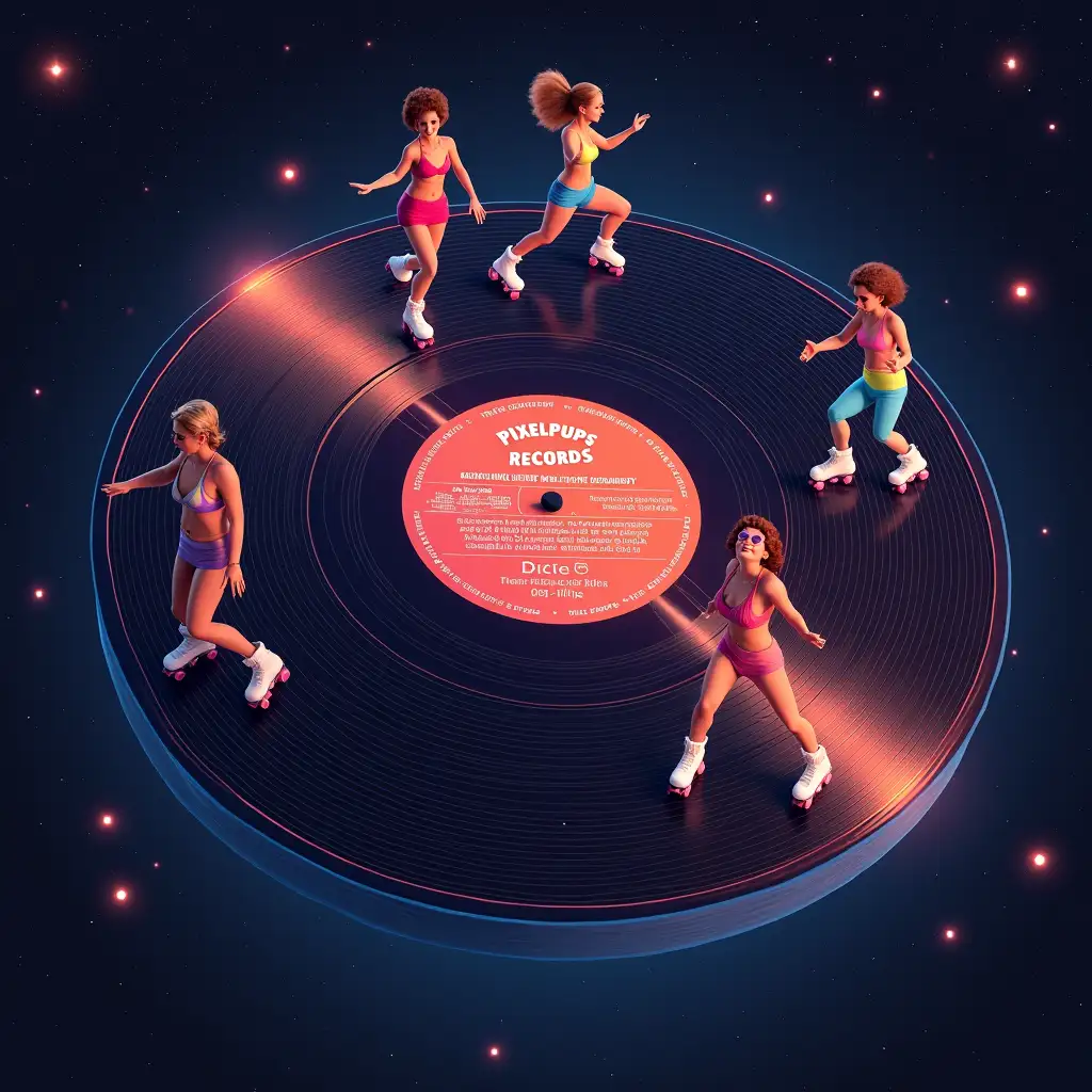 Disco-Roller-Women-Dancing-on-Vinyl-Record-in-a-Starry-Galaxy