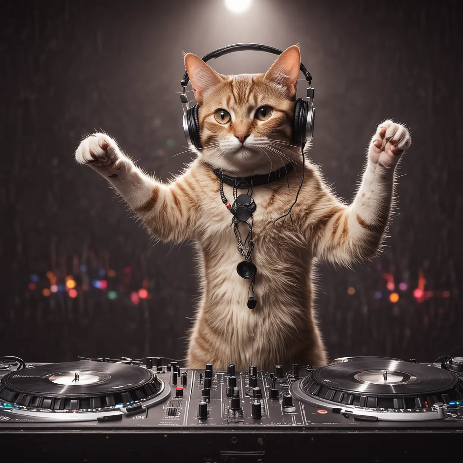 A cat as dj , playing in a party