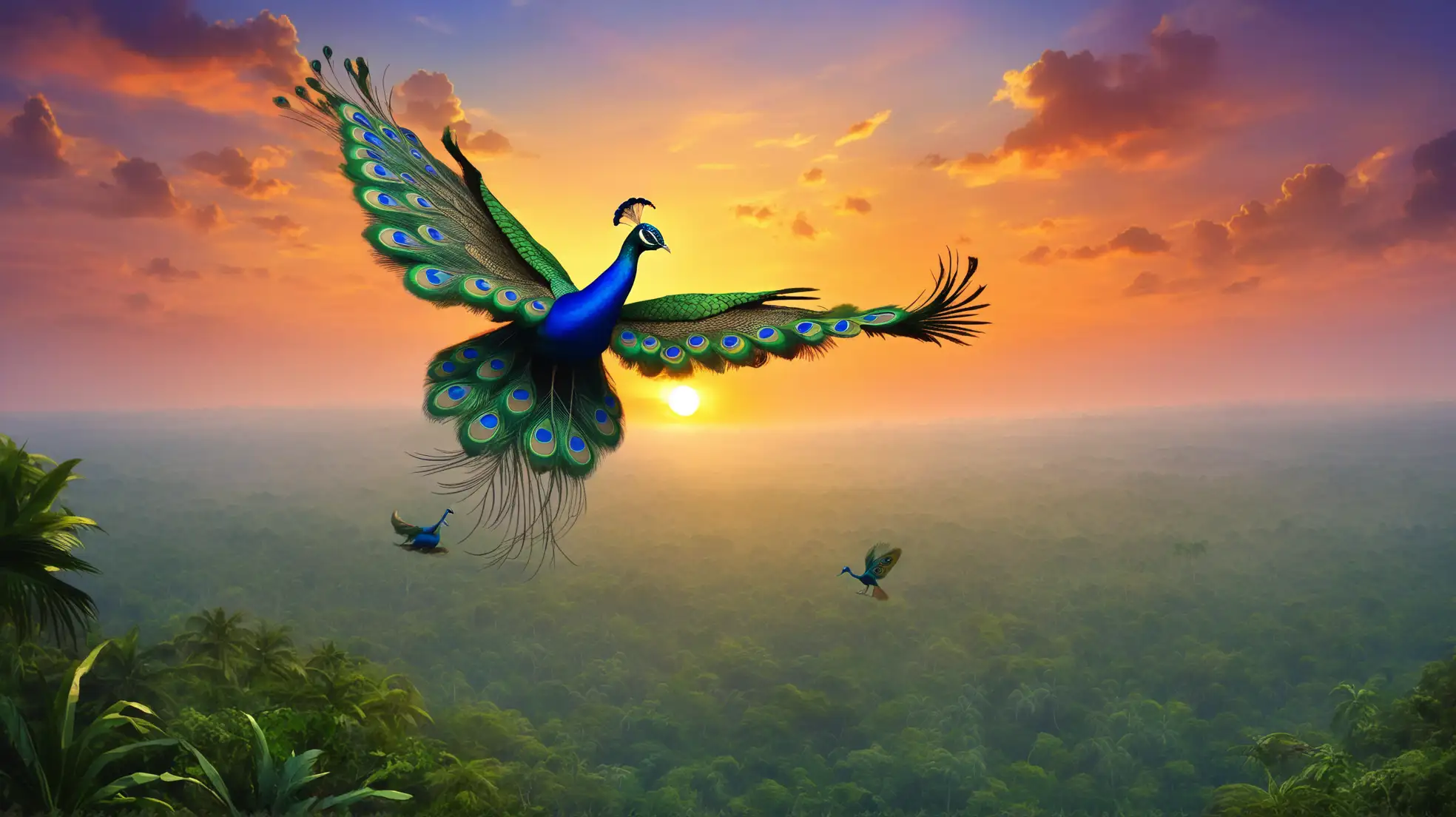 Flying-Peacock-in-Indian-Jungle-at-Sunset