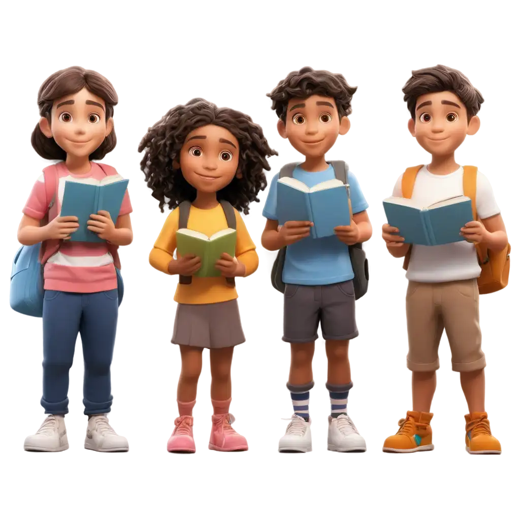 Pixar-3D-Style-Kids-with-Book-and-SLR-Camera-PNG-Image-for-Educational-and-Creative-Use