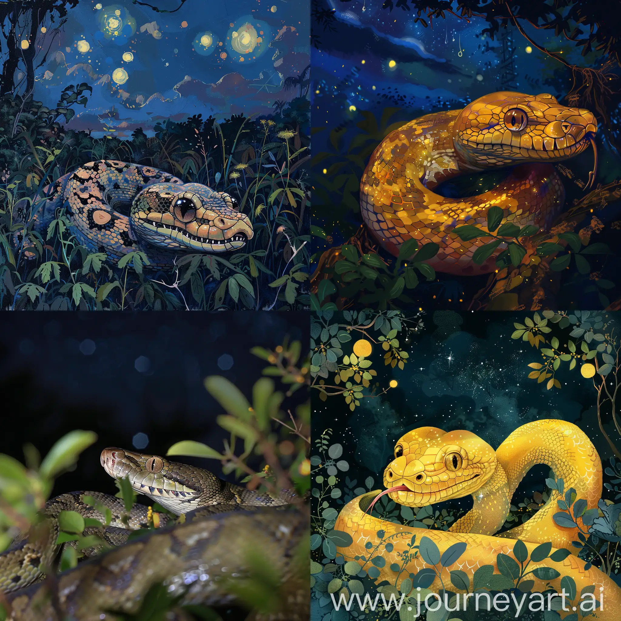 Smiling-Python-Snake-in-Bushes-Under-Night-Sky